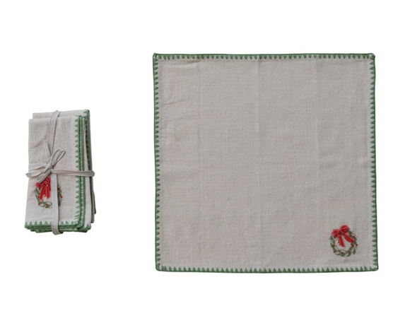 Square Printed Napkins w/ Embroidered Wreath