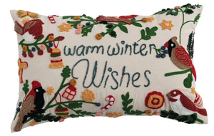 "Warm Winter Wishes" Tufting & Embroidered Birds Lumbar Pillow