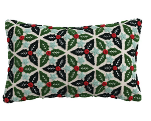 Embroidered Lumbar Pillow w/ Tufted Holly Leaves, Stars & Pom Poms