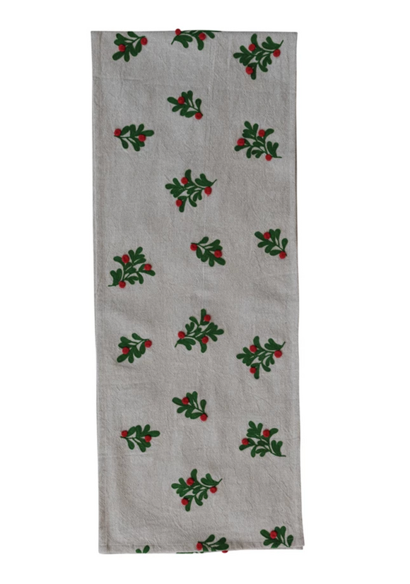 Linen Table Runner w/ Embroidered Mistletoe Pattern & Pom Poms