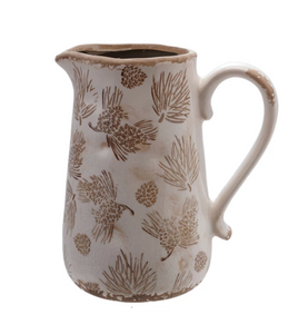 Decorative Stoneware Pitcher/Vase with Evergreen Boughs & Pinecones
