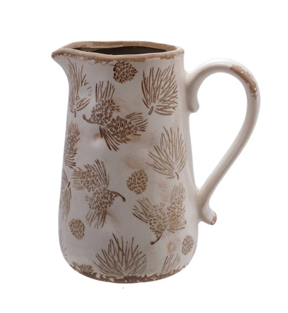 Decorative Stoneware Pitcher/Vase with Evergreen Boughs & Pinecones