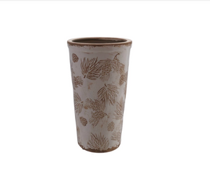 Stoneware Vase with Evergreen Boughs & Pinecones Pattern Brown & White