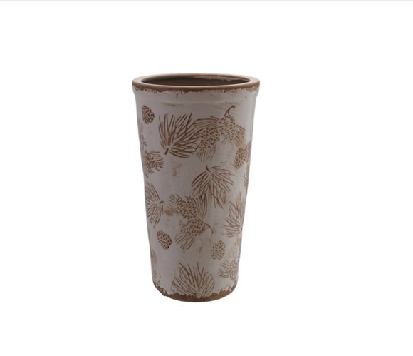 Stoneware Vase with Evergreen Boughs & Pinecones Pattern Brown & White