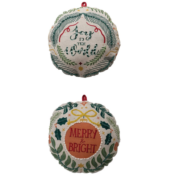 Ornament Shaped Pillow with Embroidery, Saying & Velvet Loop