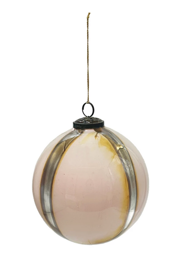 Round Glass Ball Ornament w/ Antique Silver Finish Stripes
