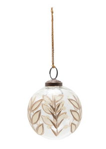 Hand-Painted Etched Glass Ball Ornament w/ Botanicals Design