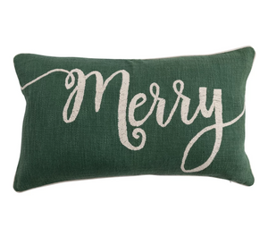 Embroidered "Merry" Cotton Slub Lumbar Pillow