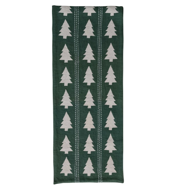 Table Runner with Trees Pattern, Embroidery & Stitching, Green & Natural