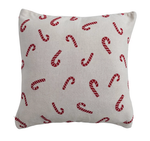 20" Square Cotton Knit Pillow with Candy Cane Pattern