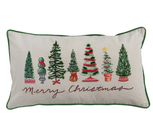 "Merry Christmas" Lumbar Pillow with Piping, Embroidery & Trees