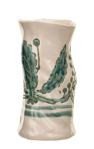 Hand-Painted Sculpted Stoneware Vase w/ Wax-Relief Pattern