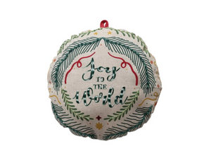 Ornament Shaped Pillow with Embroidery, Saying & Velvet Loop