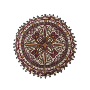 Round Embroidered Pillow w/ Pompom Trim