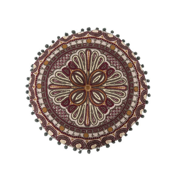 Round Embroidered Pillow w/ Pompom Trim