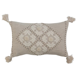 Linen Blend Embroidered Lumbar Pillow w/ Tassels