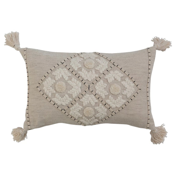 Linen Blend Embroidered Lumbar Pillow w/ Tassels