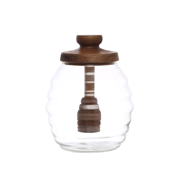Glass Honey Jar w/ Acacia Wood Lid & Dipper