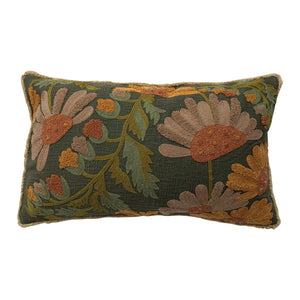 Slub Floral Embroidered Pillow w/ Fringe