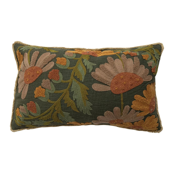 Slub Floral Embroidered Pillow w/ Fringe