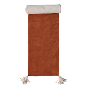 Rust Corduroy & Natural Linen Two-Sided Table Runner w/ Tassels
