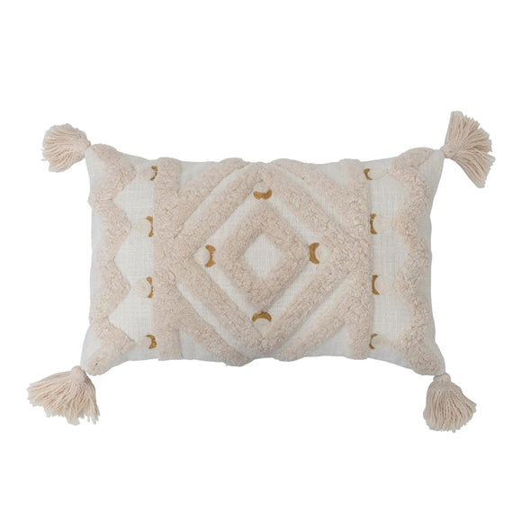 Tufted Lumbar Pillow w/ Embroidery & Tassels