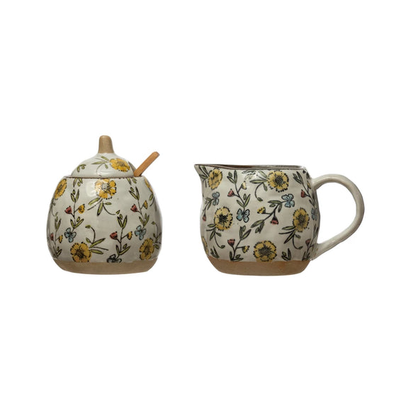 Floral-Printed Stoneware Sugar Pot & Creamer Set