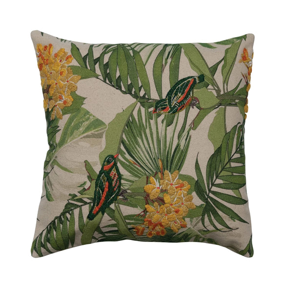 Printed & Embroidered Pillow w/ Birds & Foliage
