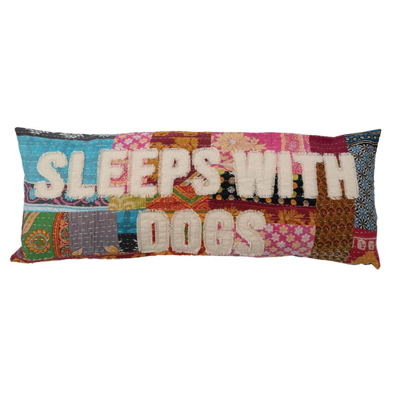 Sleeps With Dogs Kantha Patchwork Pillow