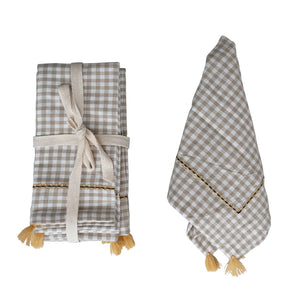 Cotton Gingham Napkin Set w/ Mustard Tassels