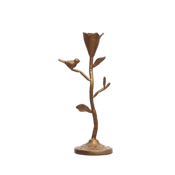 Small Cast Iron Flower-Shaped Candelabra w/ Bird Accent