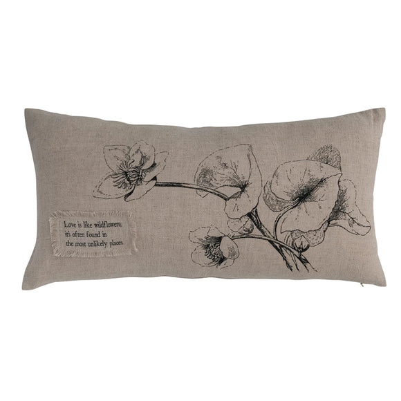 Linen Lumbar Pillow w/ Bird & Floral Print