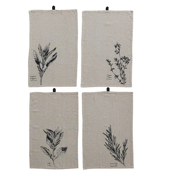 Linen Printed Tea Towel w/ Herb