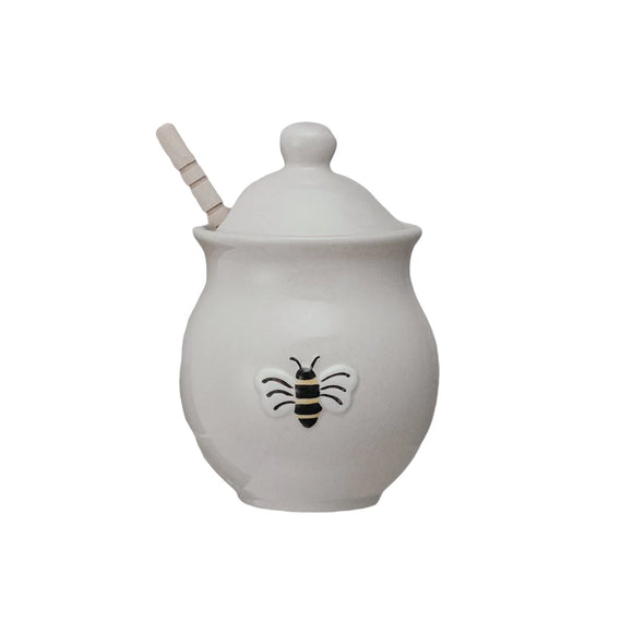 Stoneware Honey Jar w/ Embossed Bee & Dipper