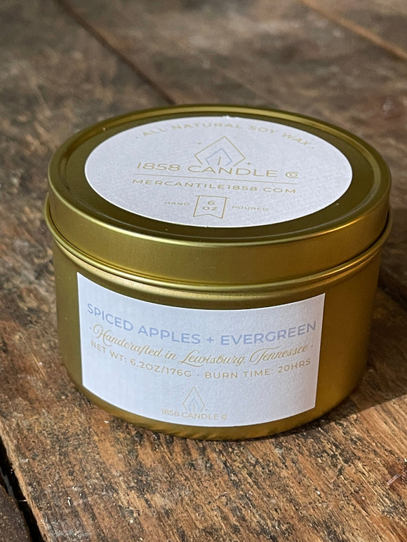 Spiced Apples + Evergreen 6oz Candle in Holiday Travel Tin