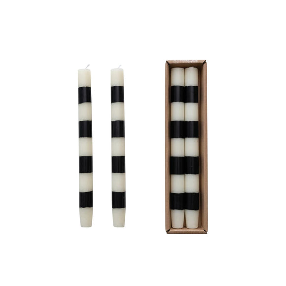 Unscented Black & White Striped Taper Candle Set