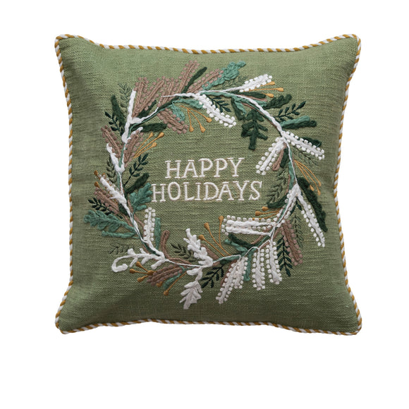 Green Embroidered Happy Holidays Pillow w/ Wreath & Piping