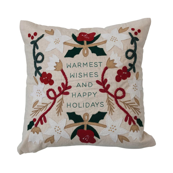 Square Warmest Wishes Pillow w/ Embroidery & Appliqué