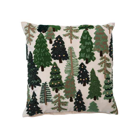 Square Embroidered Trees Pillow w/ French Knots