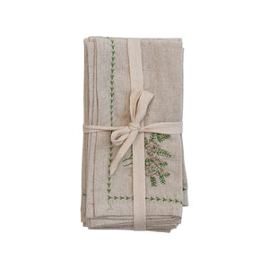 Linen Napkin Set w/ Embroidered Botanical