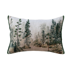 Cotton Printed Trees Lumbar Pillow w/ Embroidery