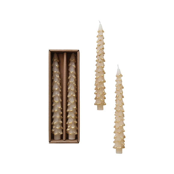 Unscented Cream Tree-Shaped Taper w/ Gold Tips Set