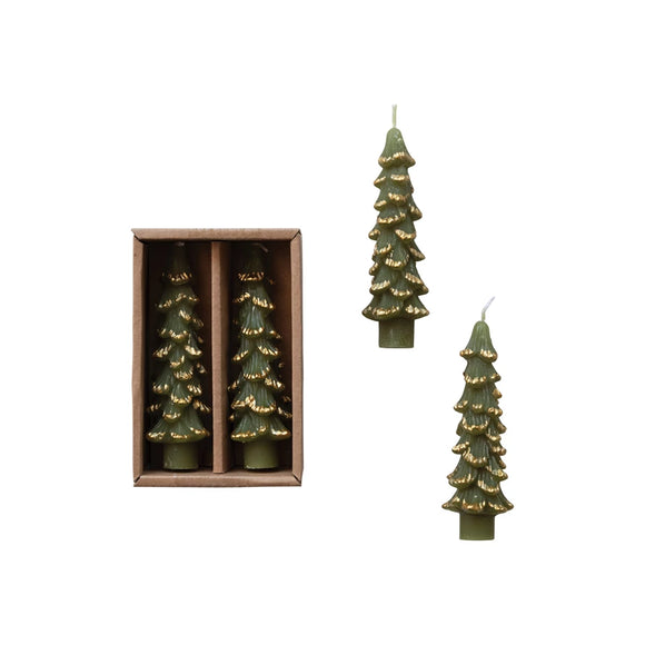 Unscented Short Green Tree-Shaped Taper w/ Gold Tips Set
