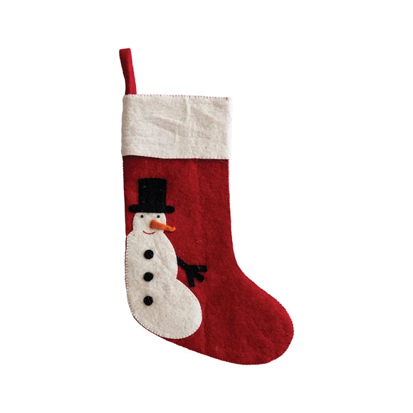 Handmade Red Felted Stocking w/ Snowman & Embroidery