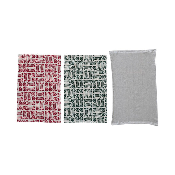Stonewashed Red & Green Printed Waffle Weave Tea Towel Set