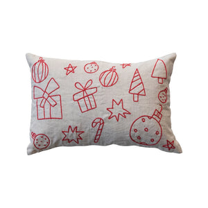 Natural & Red Lumbar Embroidered Holiday Pillow