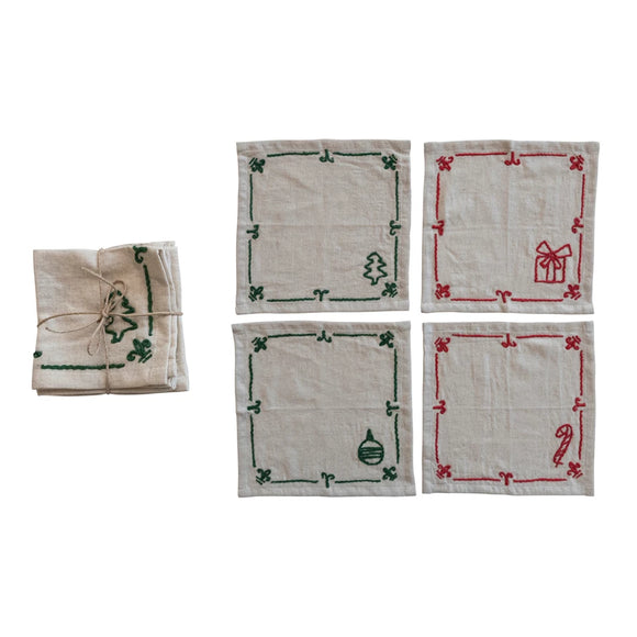 Cocktail Napkin Set w/ Embroidered Holiday Icons