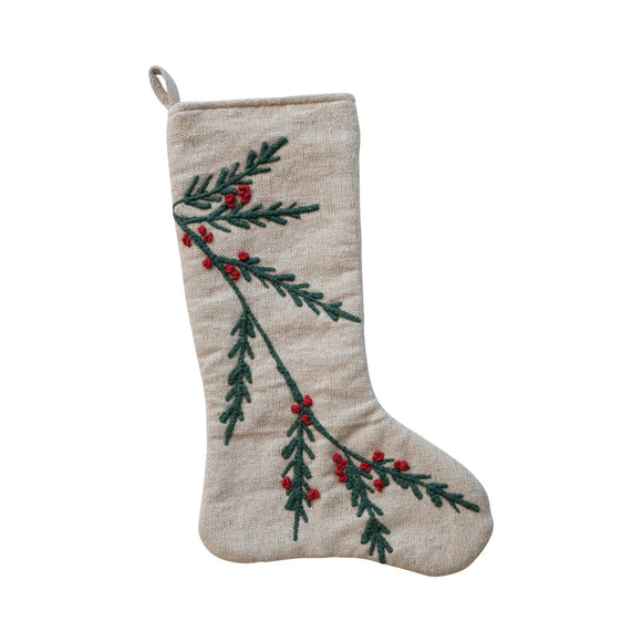 Embroidered Stocking w/ Holly & Berries