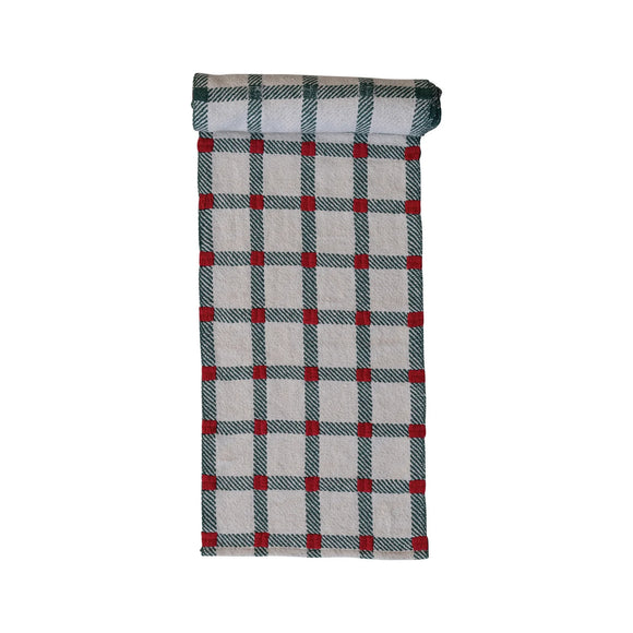 Natural, Green, & Red Plaid Embroidered Table Runner