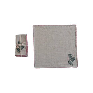 Embroidered Linen Napkin Set w/ Holly & French Knots